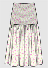 FLORAL SKIRT WITH SMOCKING AT WAIST FOR WOMEN IN EDITORIAL VECTOR