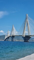 Vertical shot of the Rio-Antirrio Bridge, located over the Gulf of Corinth near the Giekeland