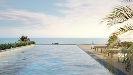 Luxury beach house with sea view swimming pool and terrace in modern design. Lounge chairs on wooden floor deck at vacation home or hotel. 3d illustration of contemporary holiday villa exterior.