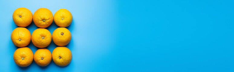 Flat lay with oranges in square shape on blue background, banner.