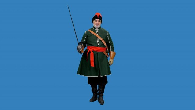 Russian 18th century foot soldier going on attack with smallsword on blue chromakey background