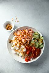 Healthy salmon poke with crunchy onion