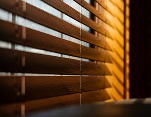 Wooden blinds next to a window with sunlight on the side - obrazy, fototapety, plakaty