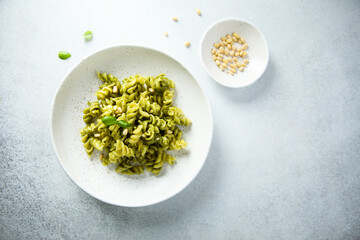 Pasta with homemade pesto sauce