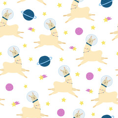 Cute llama in space seamless pattern. Cartoon alpaca in astronaut suit, stars and planets on white background. © Yaryna