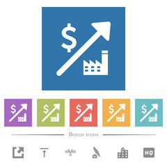 Rising power plant dollar prices flat white icons in square backgrounds