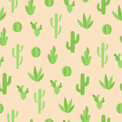 Cactus seamless pattern. Cartoon pastel cacti with blossoms and spikes on beige background.