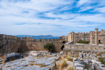 A View looking of the ruins of Lindos Acropolis on the Greek island of Rhodes