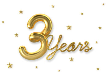 3d golden 3 years anniversary celebration with star background. 3d illustration.