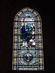 Colorful stained glass window in St Magnus Cathedral in Kirkwall, Orkney Islands, Scotland, United...