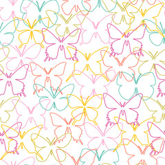 Seamless pattern of multicolored contour butterflies on a white background.