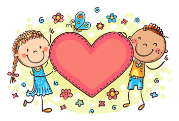 Doodle cartoon kids holding heart with a blank space for your text. Valentines day clipart