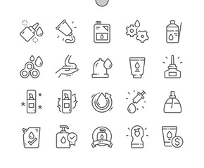 Lubricant. Oil and cream tube. Spray and flask. Lubricant for condom and car motor. Pixel Perfect Vector Thin Line Icons. Simple Minimal Pictogram