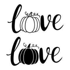  Hand written lettering with pumpkin. Love pumpkin. Fall, autumn, Thanksgiving, Halloween element for design. Vector illustration. Isolated on white background. Good for posters, t shirts, postcards.