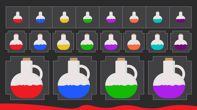Game energy potions. Health and magicka mana recovery potions. All kinds of potions. Elixir set.