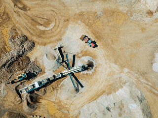 Sandpit and Factory Plant Aerial View. Producing of sand materials for construction industry,...