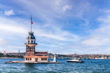 Bosphorus with famous Maiden's Tower (Kiz Kulesi) also known as Leander's Tower, symbol of Istanbul, Turkey. Scenic travel background for wallpaper or guide book