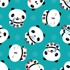 Kawaii panda kids dental health care vector educational seamless pattern background. Cute cartoon bears with toothbrush, toothe paste, brushing teeth. Teddy bears and gender neutral colors repeat