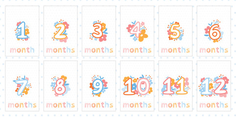 Fototapeta na wymiar Baby milestone cards with hand-drawn flowers and numbers. Newborn 1 to 12 months anniversary cards set 