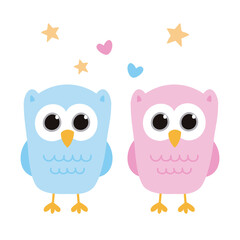 Cute owls isolated on white background. Vector illustration.