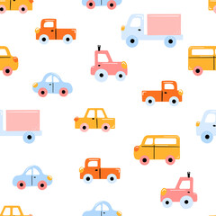 Baby cartoon transport seamless pattern. Hand-drawn cars background. Vector child city collection.