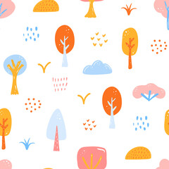 Baby flat style trees background. Hand-drawn vector seamless pattern. Childish collection