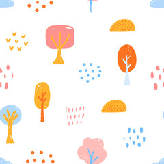 Baby flat style trees background. Hand-drawn vector seamless pattern. Childish collection
