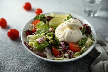 Healthy green salad with tomato and burrata cheese