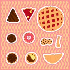 set of desserts, cookies, cupcake, pie, top view, cute stickers, isolated