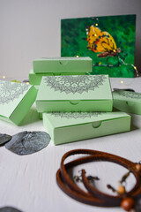 green boxes with mandala print for jewelry packaging