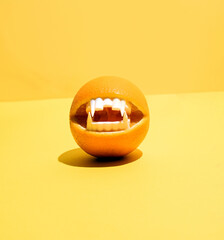 An orange fruit and plastic vampires teeth, creative layout. Summer fruit bizarre arrangement. 