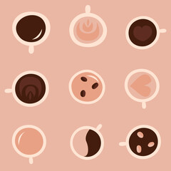 pattern of cups with coffee, coffee beans, inscription, top view, cute