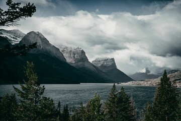 Landscape of  St. Mary's lake with mountain peaks in Glacier National Park, Montana.