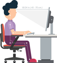 Ergonomic posture of sitting at desk flat vector illustration - obrazy, fototapety, plakaty