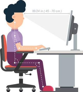 Ergonomic posture of sitting at desk flat vector illustration