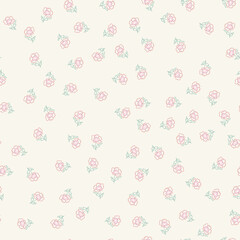 Floral pattern for bed linen textile. Unique seamless ornament of pink flowers and leaves. Mix doodle on retro style light background. Simple art design pattern for textile, fabric and print. Vector