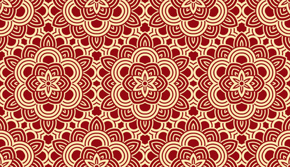 Flower geometric pattern. Seamless vector background. Gold and red ornament