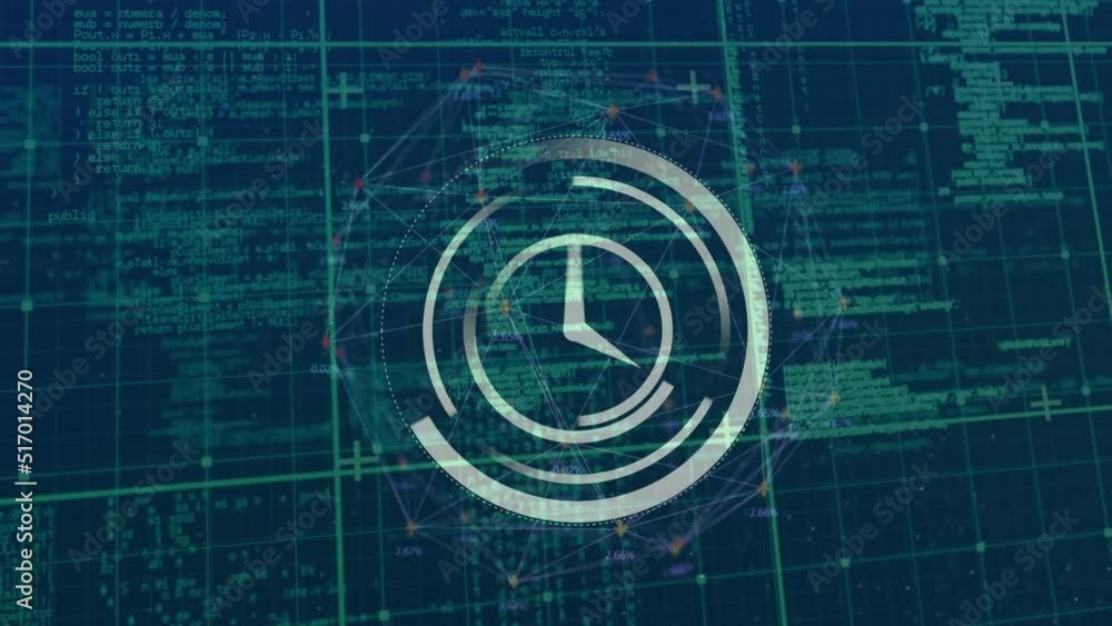 Poster animation of clock, globe with connections and data processing on blue background