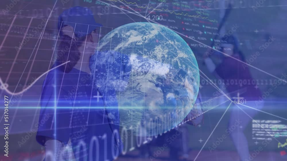 Poster animation of data, globe and binary code over men playing baseball