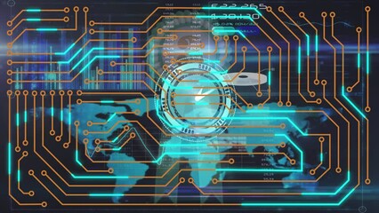Animation of clock over integrated circuit and world map on black background - Powered by Adobe