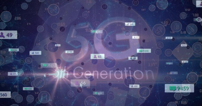 Animation of 5g, tech icons and social media reactions on navy background