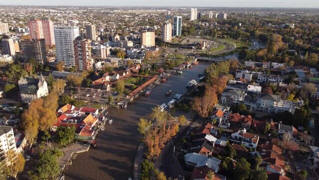 Aerial establishing shot over Tigre city and Lujan river in Buenos Aires province, Argentina