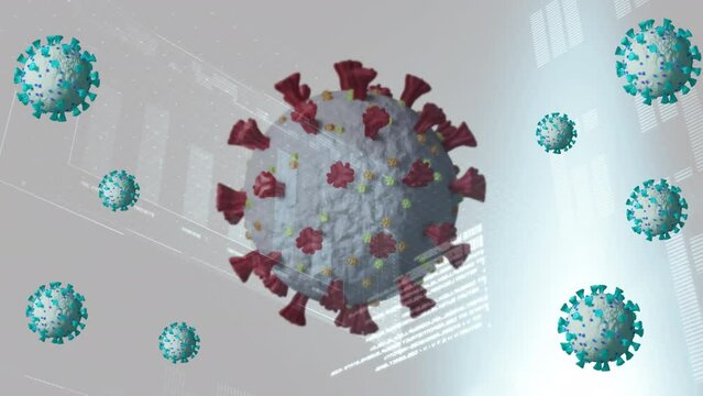 Animation of virus cells over data processing on grey background
