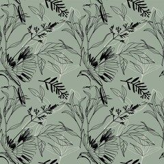 Seamless pattern Hand drawn bird and floral outline illustration