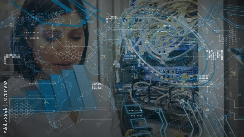 Poster animation of graphs, icons and processing circle over caucasian woman checking servers