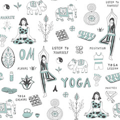 Yoga lessons objects seamless vector pattern.