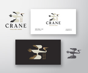 Abstract Crane Bird Vector Illustration. Geometry Flying Stork Silhouette with Typography. Trendy Logo and Business Card Template. Premium Stationary Realistic Mock Up Isolated