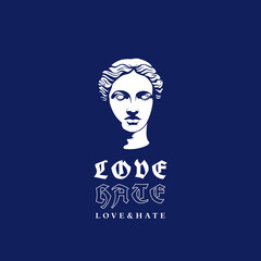 Love hate modern classics typography slogan with antique statue head collage logo Techno style creative urban sign, emblem, t-shirt print vector illustration