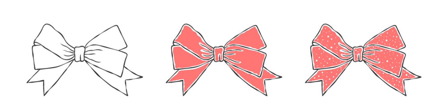 Bows. Hand Drawn Light Pink Bow. Decor Elements. Vector Illustration