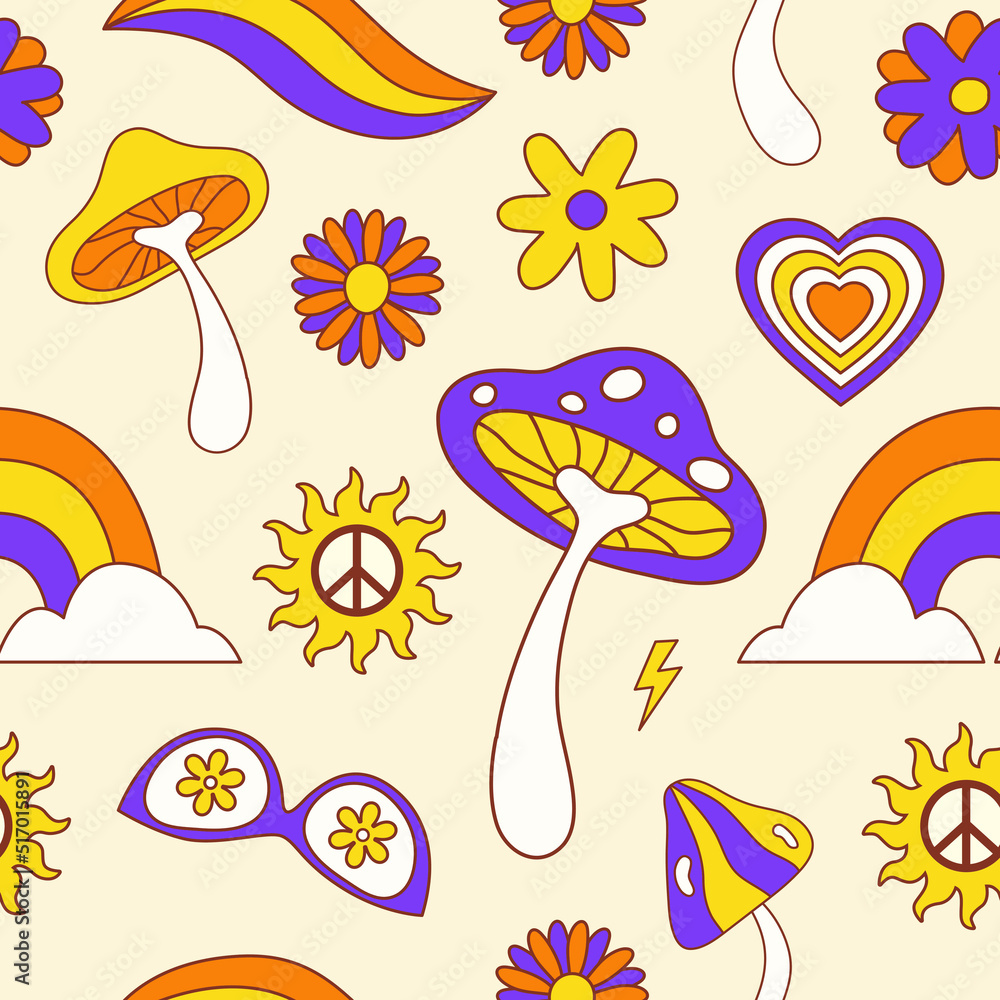 Aufkleber Retro groovy seamless pattern with hippie elements on a light background. Vector illustration in style 70s, 80s